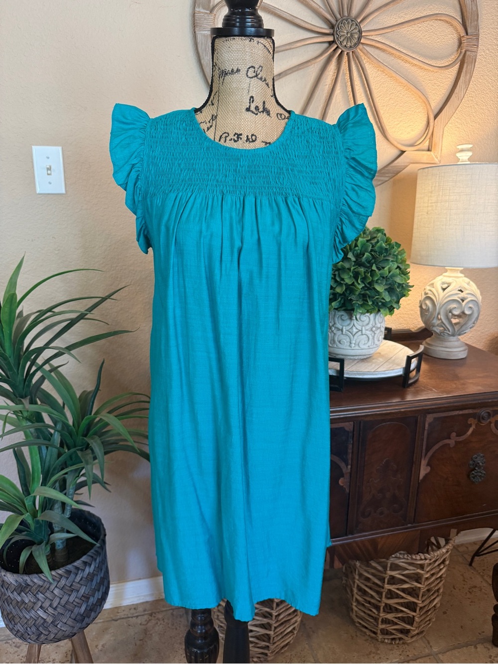 Umgee “Emerald” Flutter Sleeve Women’s Dress with Smocking